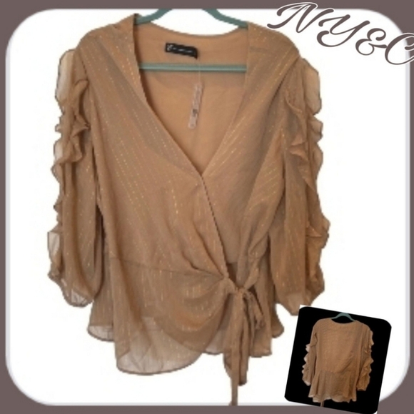 WOMENS BLOUSE ~NY&C~TAN GLITTERY WRAP~LONG SLEEVE BLOUSE~ XXL~NWT - Picture 2 of 8